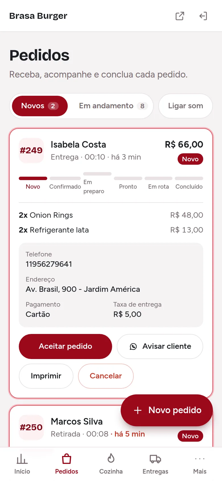 Pedidos no painel